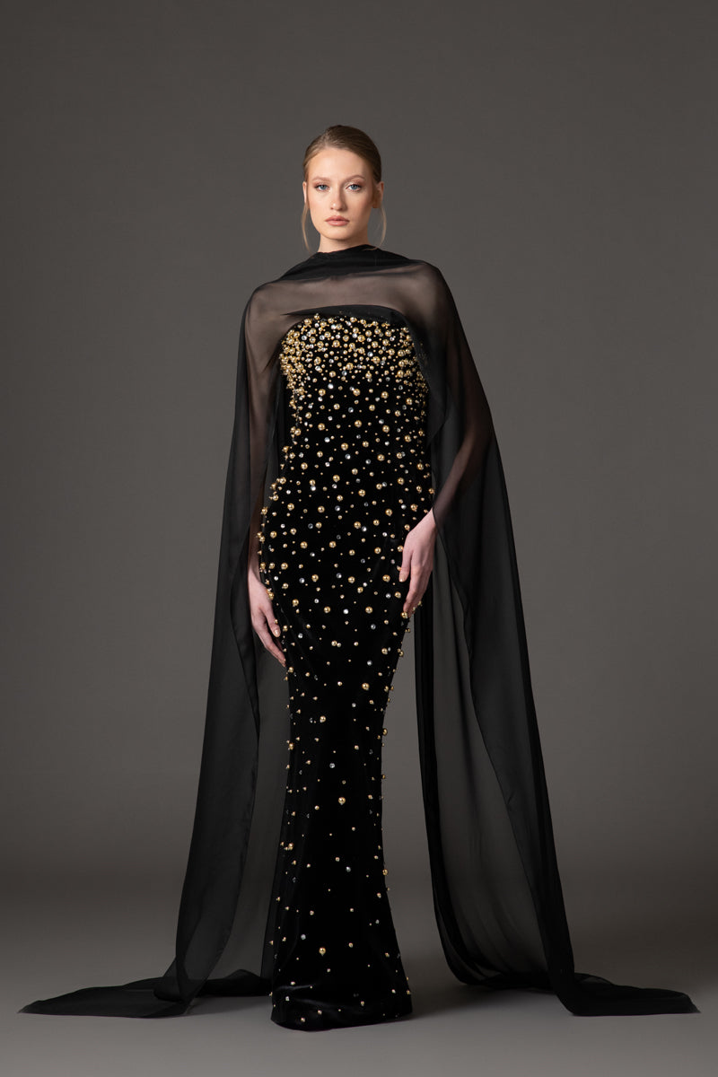 Velvet black dress with crystal and gold embroidery Velvet black dress with crystal and gold embroidery