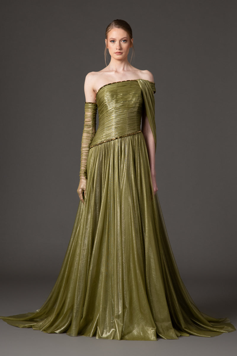 asymmetric drape dress draped in olive green silk foiled tulle with baguette detailng Size:US 8P Ruched Detail Zebra Print Off The b2g1oct
