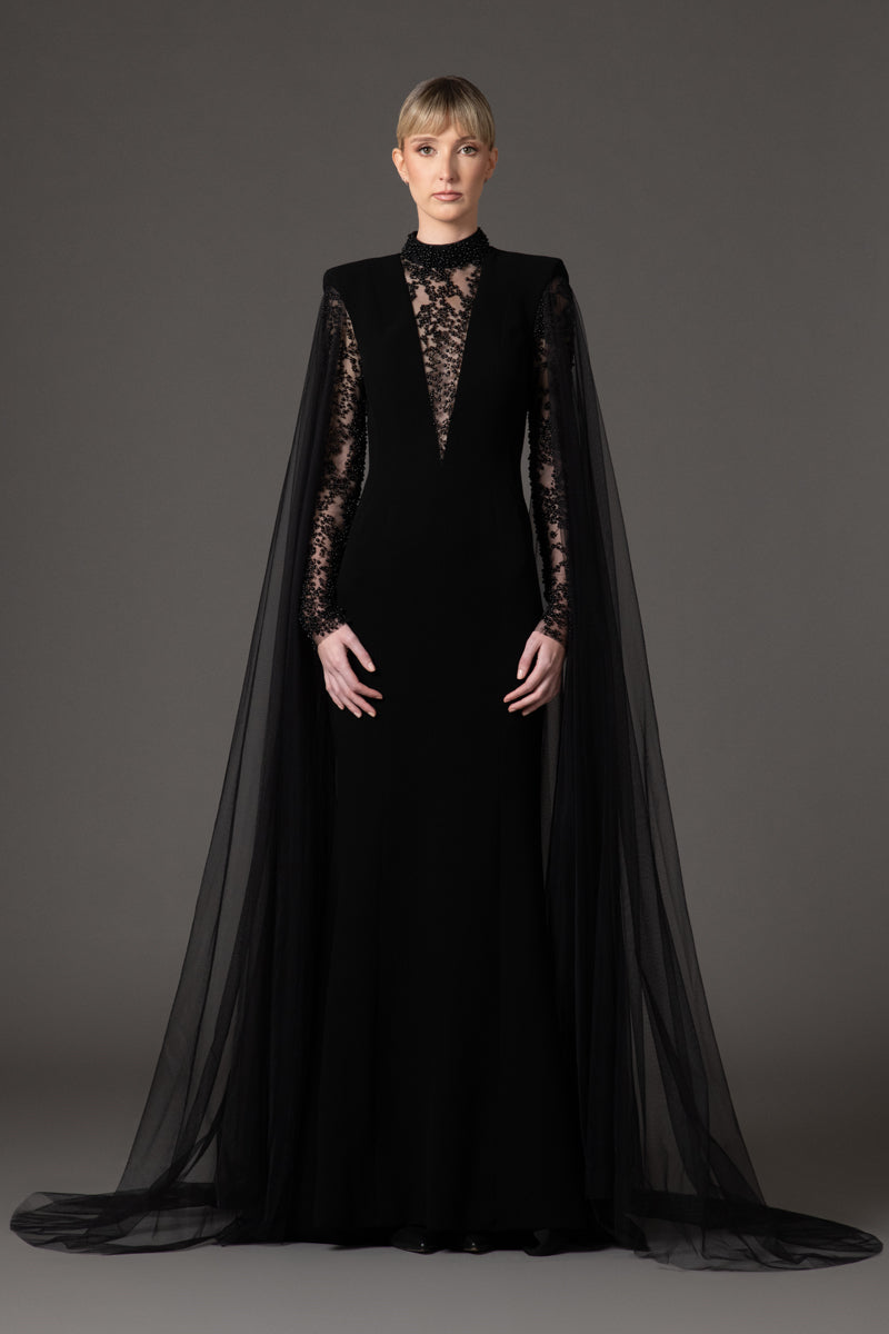 black long sleeve cape dress Black crêpe dress with embroidered detailing and cape sleeves