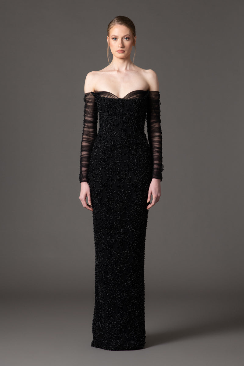 Off the shoulder embroidered black crpe dress Off the shoulder embroidered black crpe dress