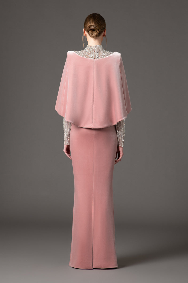 Vintage rose velvet dress with baguette and crystal embroidery