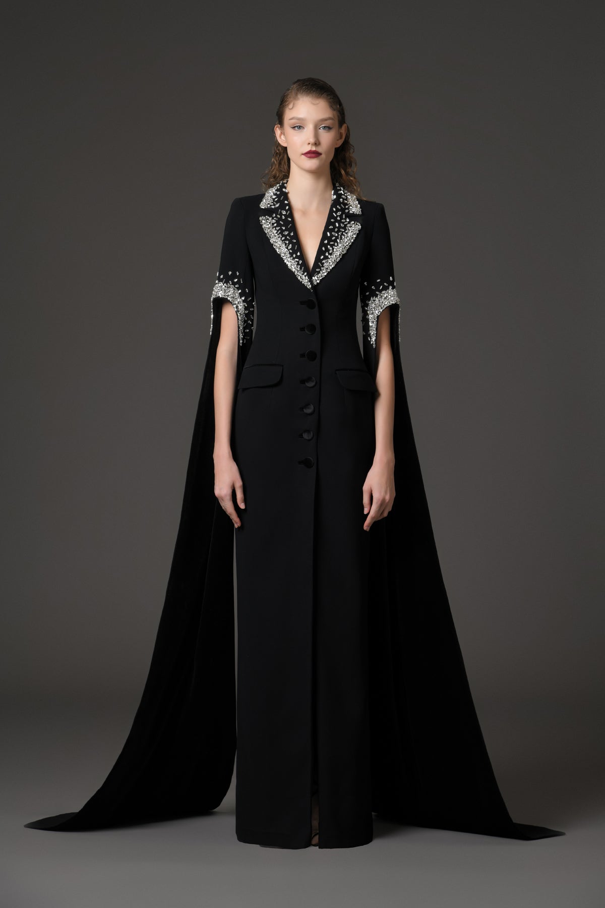 Black crpe tailored coat dress featuring crystal embroidery Black crpe tailored coat dress featuring crystal embroidery