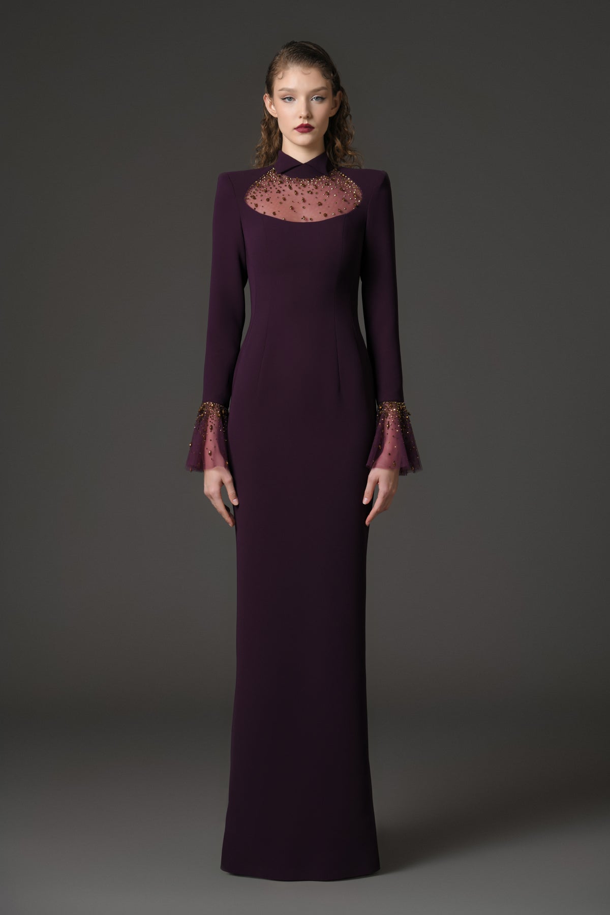 Embroidered burgundy crêpe dress with bell sleeves