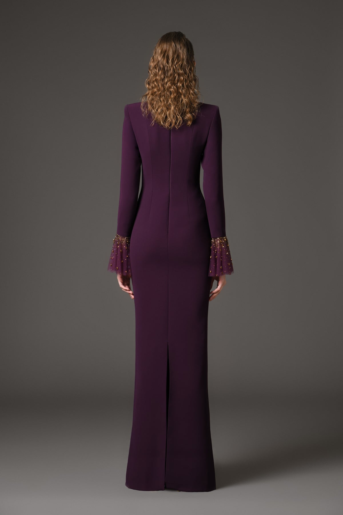 Embroidered burgundy crêpe dress with bell sleeves
