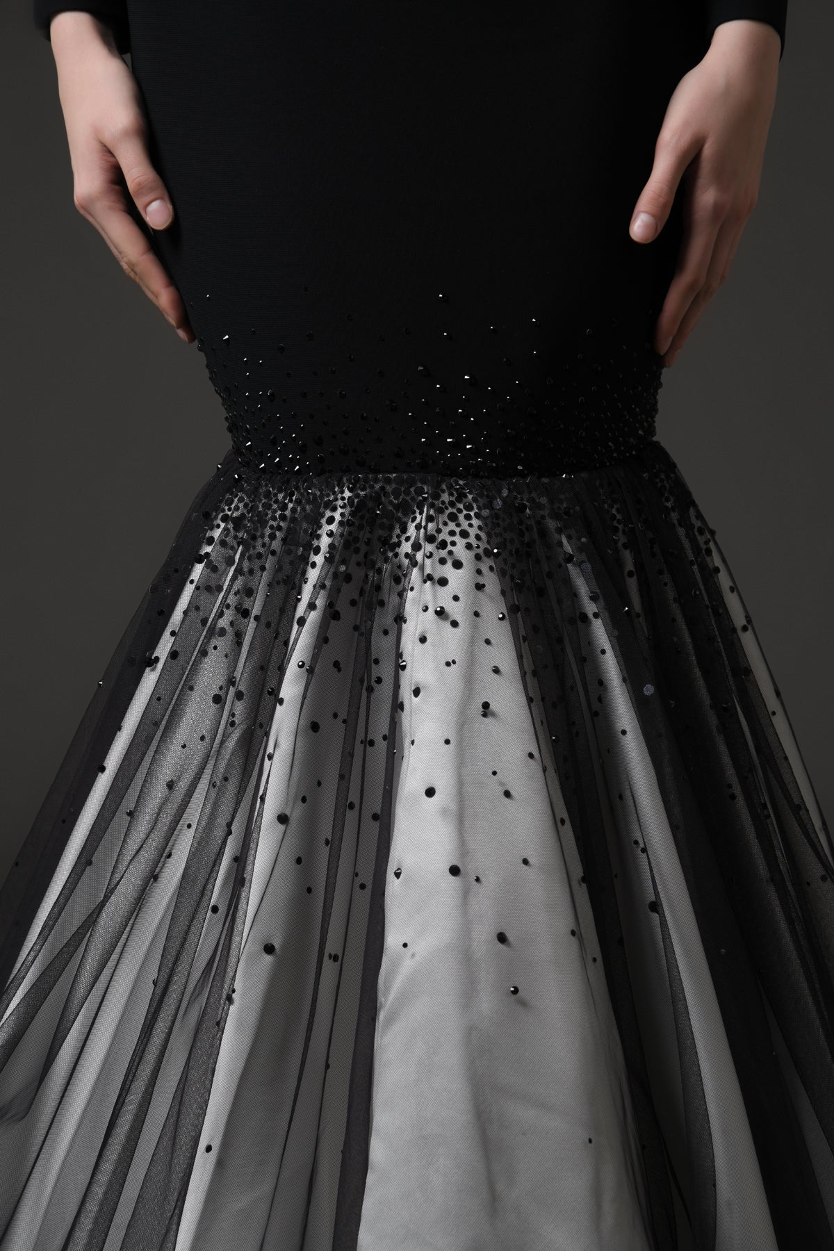 Black crêpe embroidered mermaid dress
