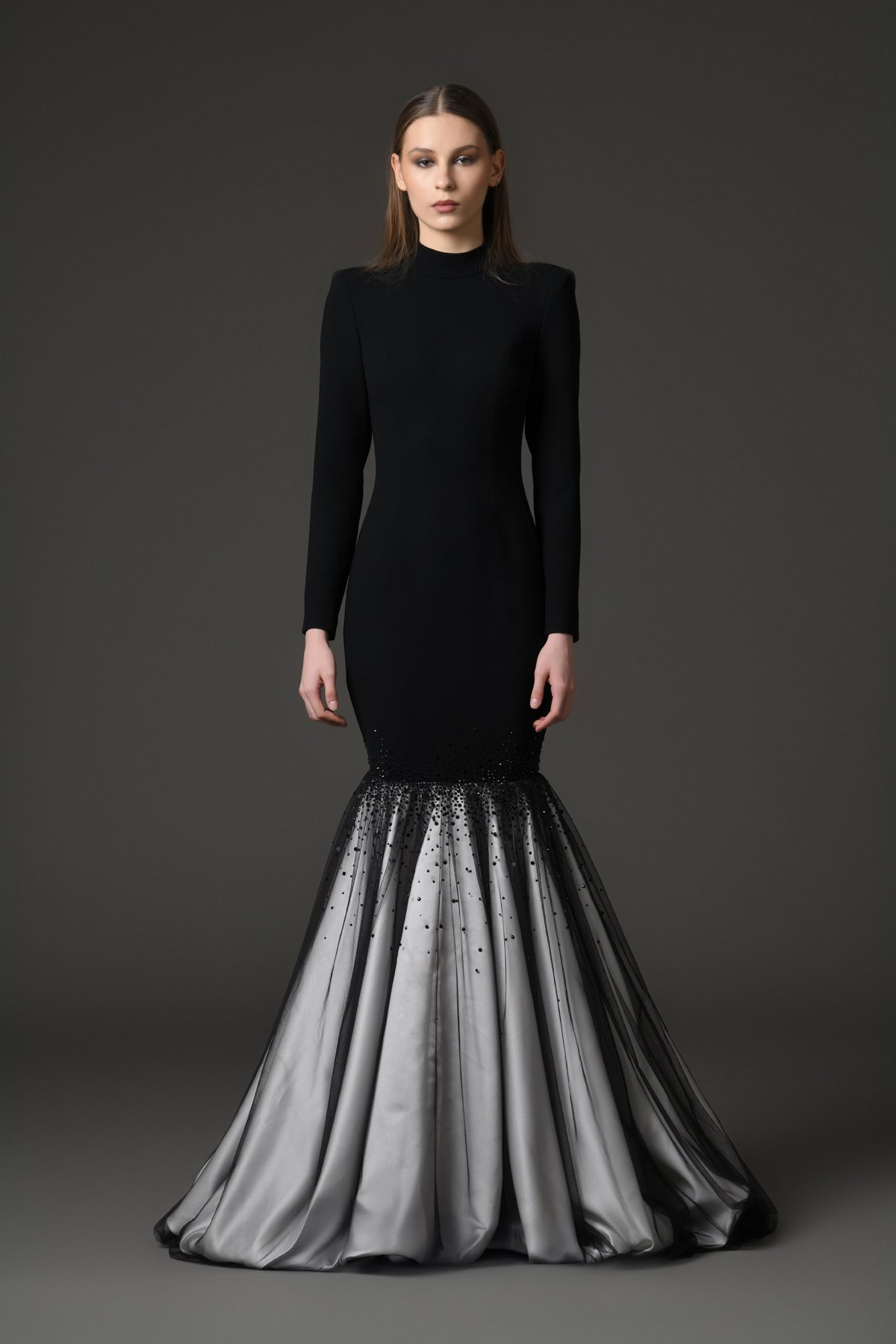 Black crêpe embroidered mermaid dress