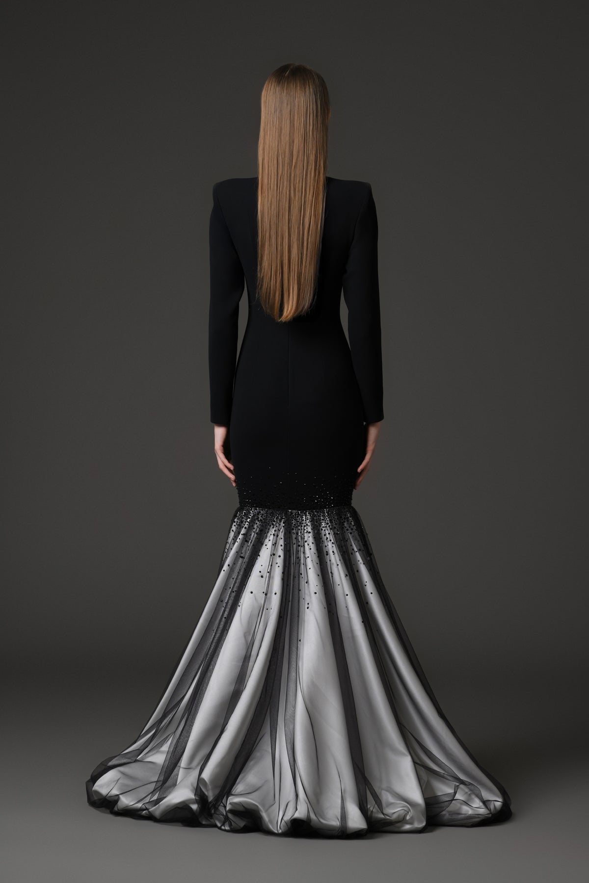 Black crêpe embroidered mermaid dress