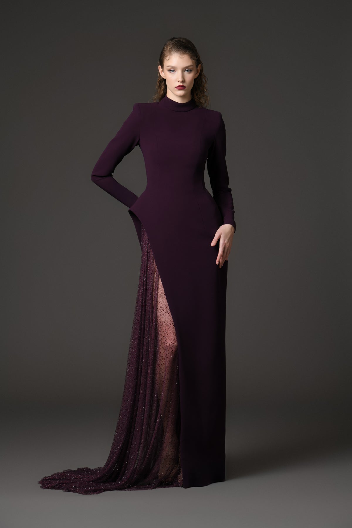 Burgundy asymmetric crpe dress with crystal embroidery Burgundy asymmetric crpe dress with crystal embroidery
