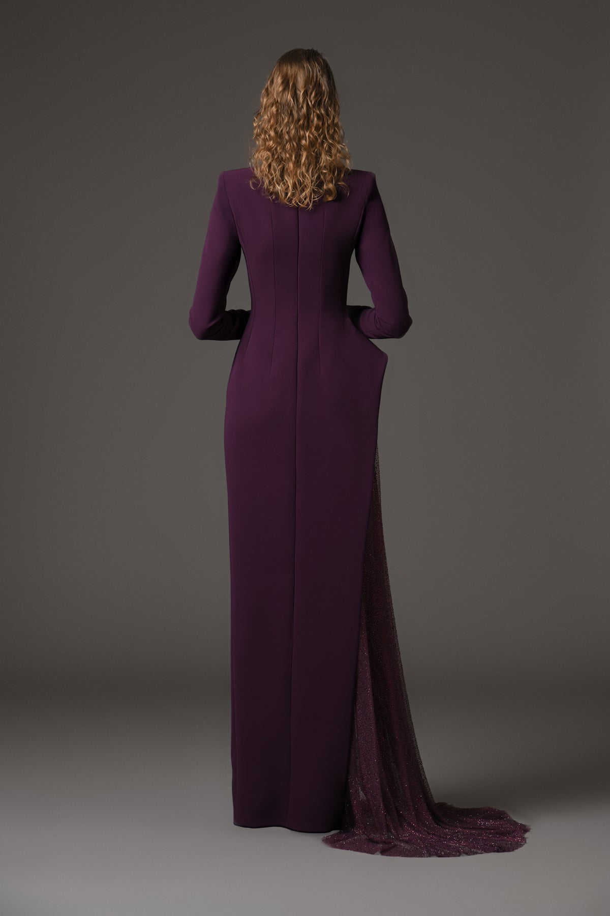 Burgundy asymmetric crêpe dress with crystal embroidery