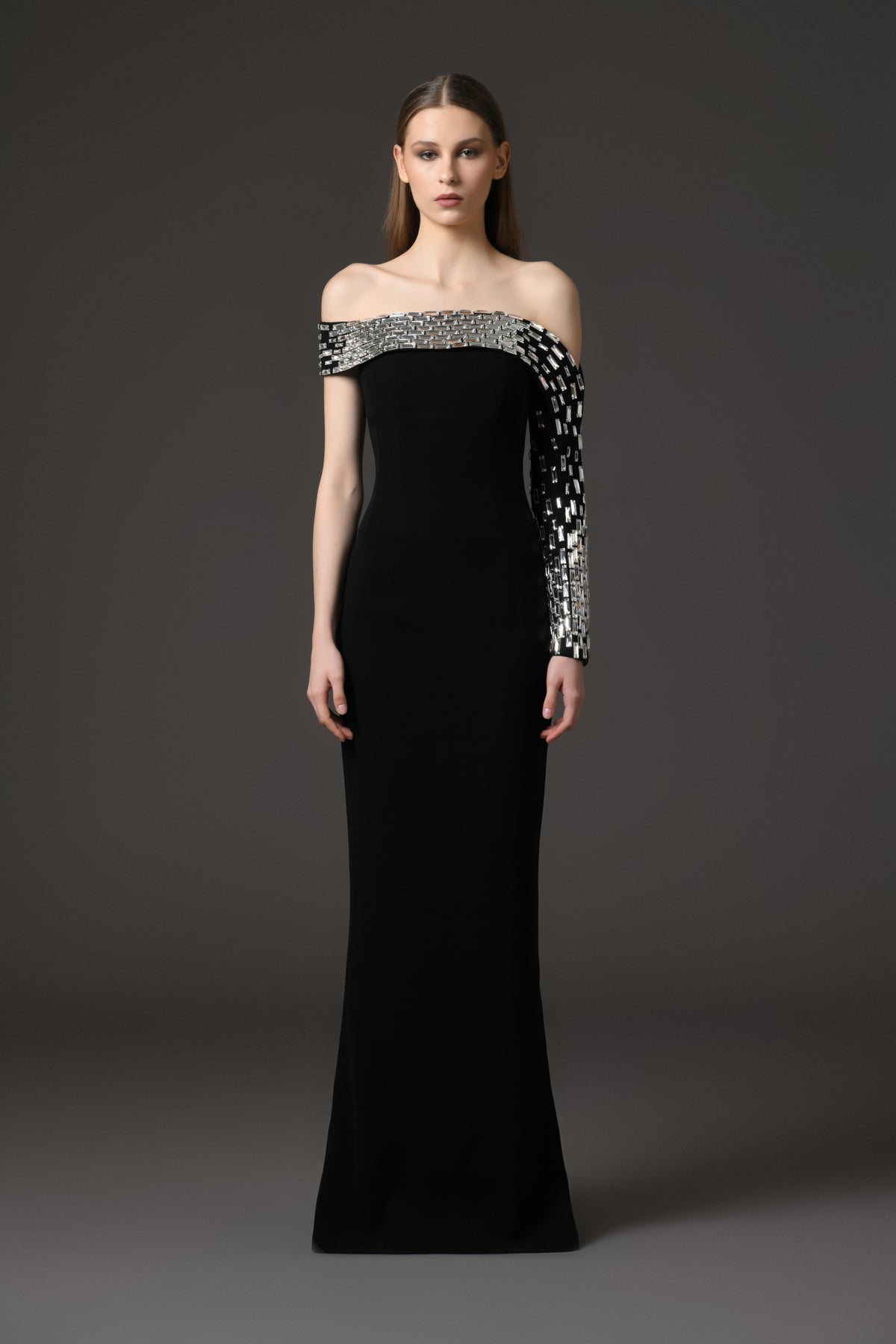 Asymmetric Black crpe dress with baguette embroidery Asymmetric Black crpe dress with baguette embroidery