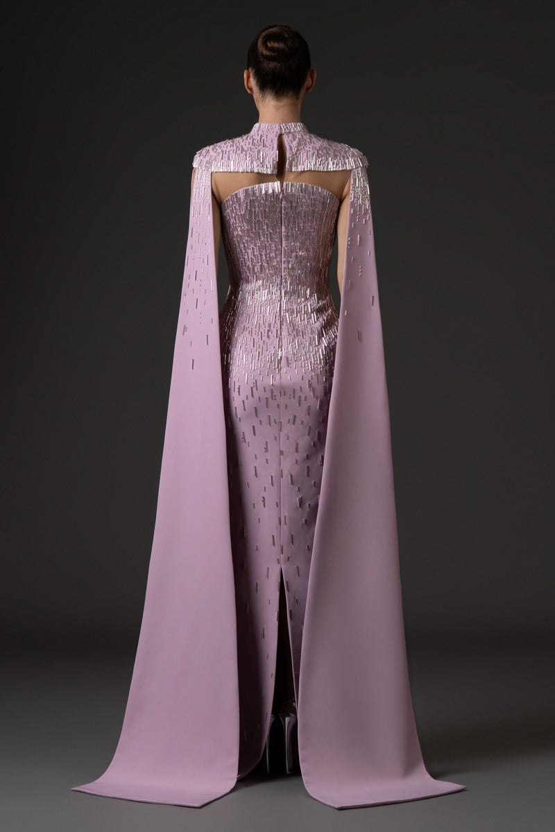 Lavender pink crêpe dress with cape sleeves, embellished with bugle bead embroidery