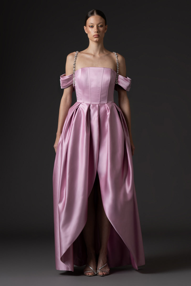 Lavender pink radzimir dress with off-shoulder sleeves, crystal-embell