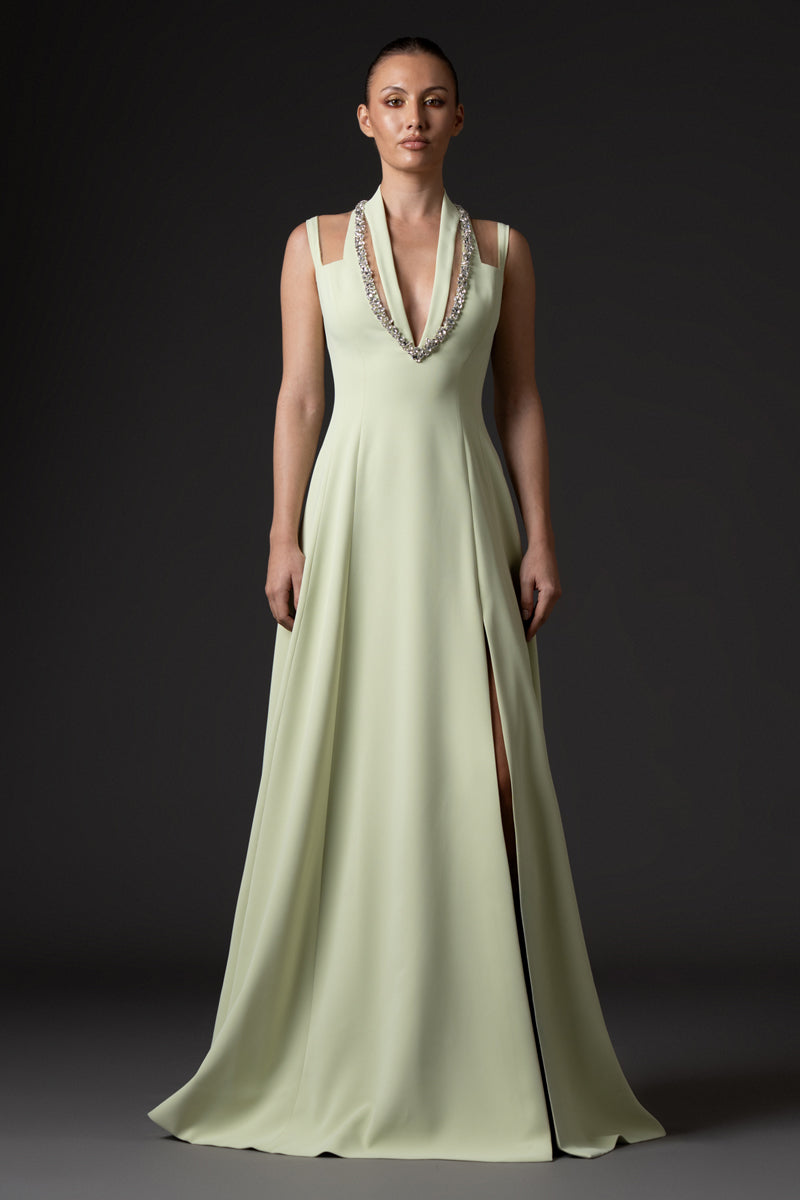 Light pistachio A-line crpe dress with embroidery and a slit