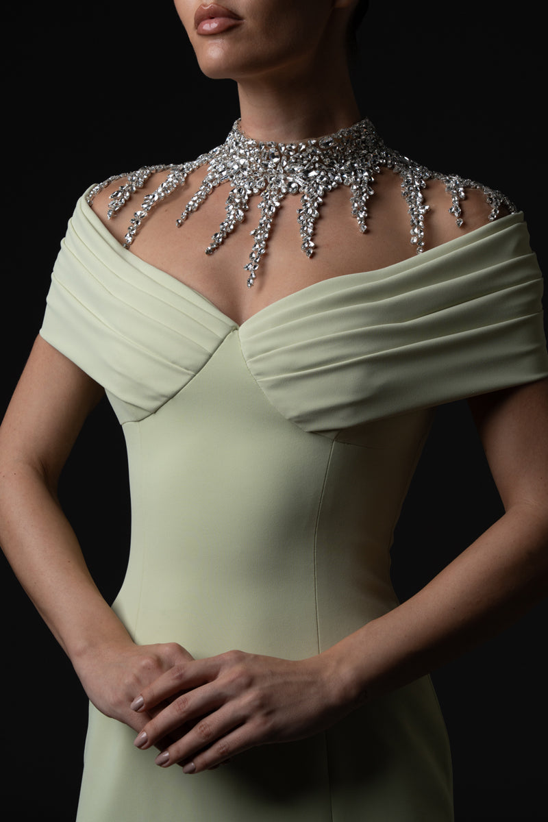 Light pistachio crêpe dress, featuring crystal embroidered neckline