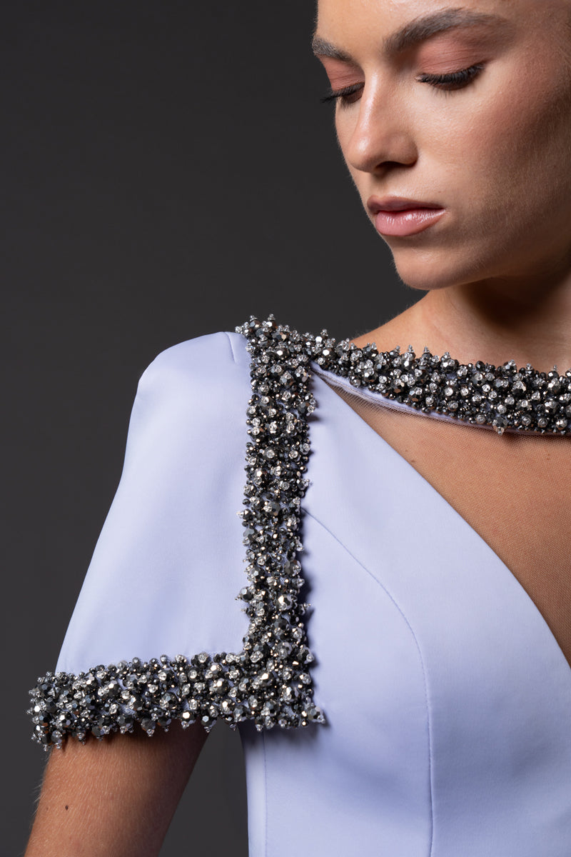 Misty lilac Scuba crêpe dress with crystal embroidered neckline and sleeves