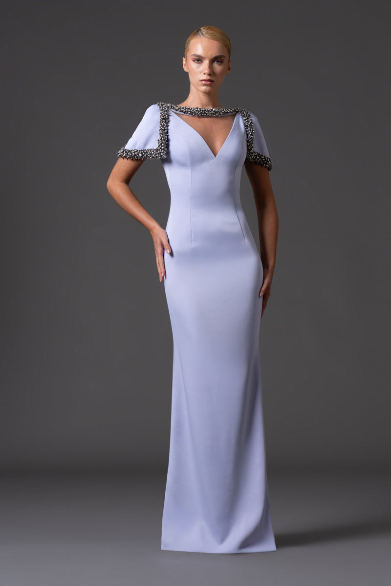 Misty lilac Scuba crêpe dress with crystal embroidered neckline and sleeves