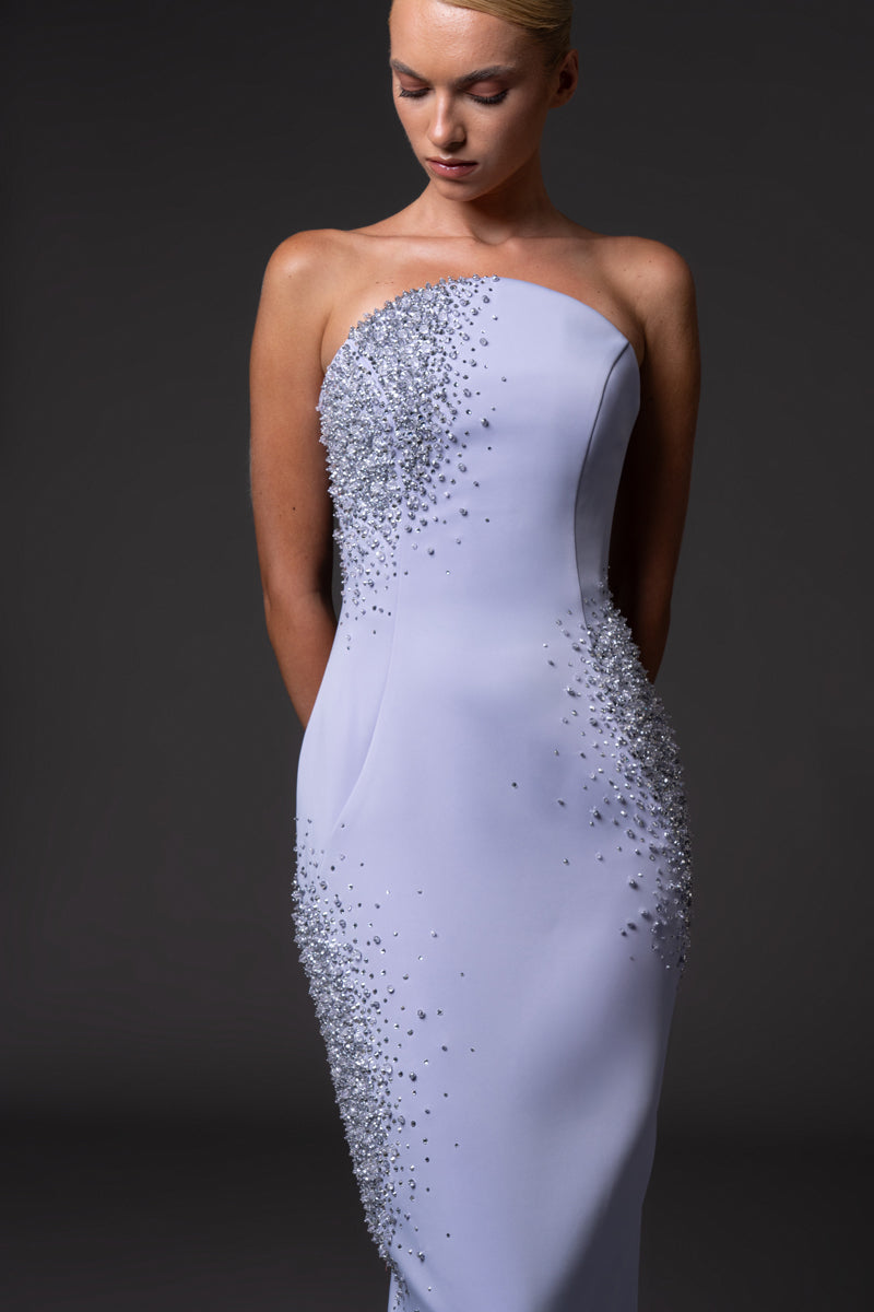 Misty lilac Strapless scuba crêpe dress with crystal embroidery