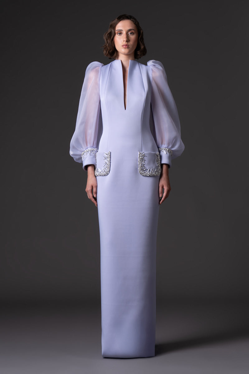 Misty lilac Scuba crêpe dress with puffed organza sleeves and crystal embroidered cuffs and pockets