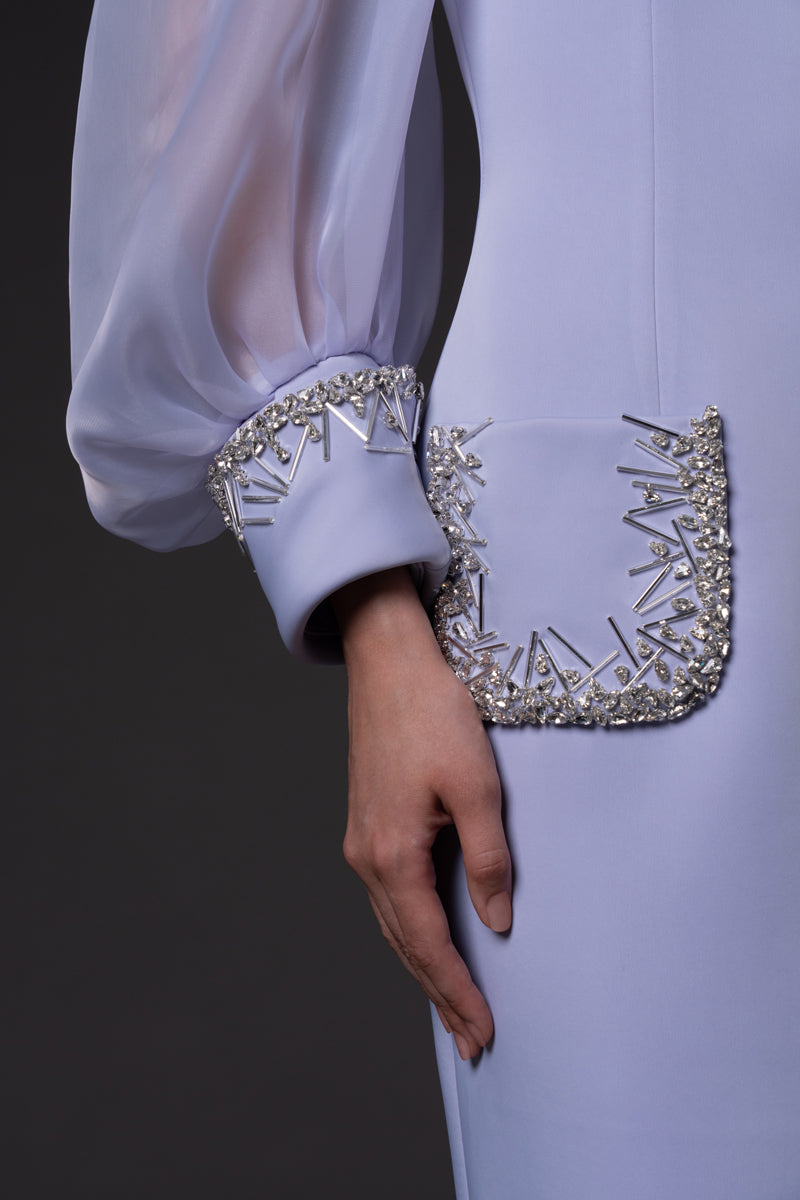 Misty crepe Scuba crêpe dress with puffed organza sleeves and crystal embroidered cuffs and pockets