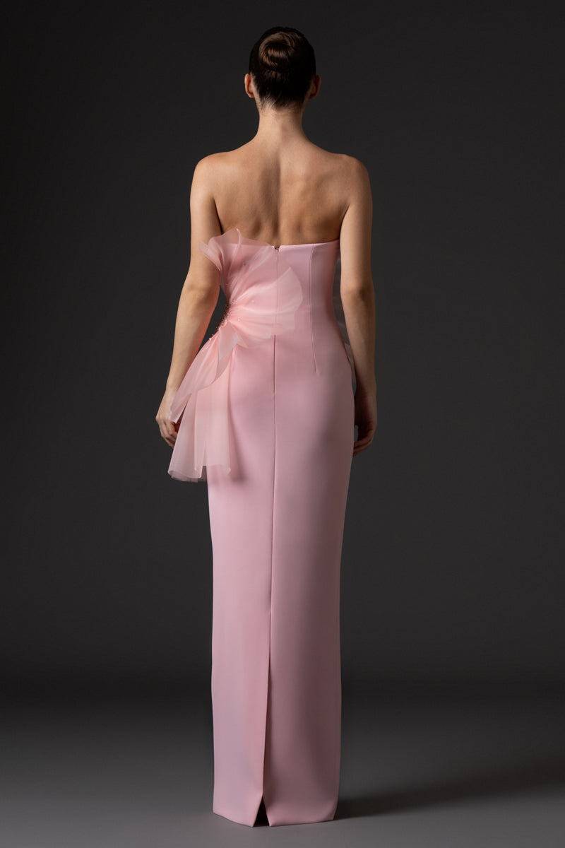 Strapless blush pink crêpe dress, featuring a draped organza bodice with
embroidery