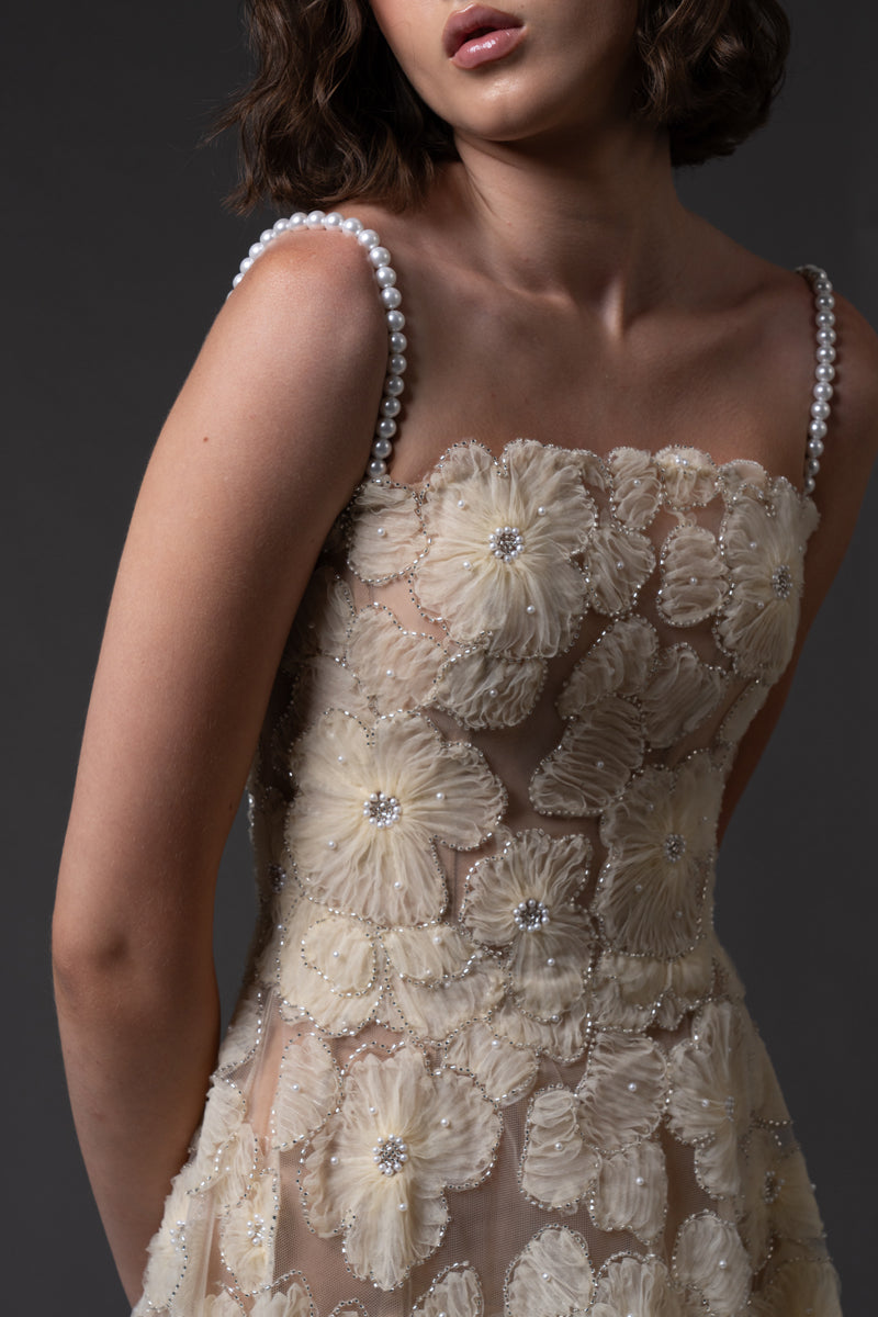 Yellow flower embroidered tulle gown with pearl straps