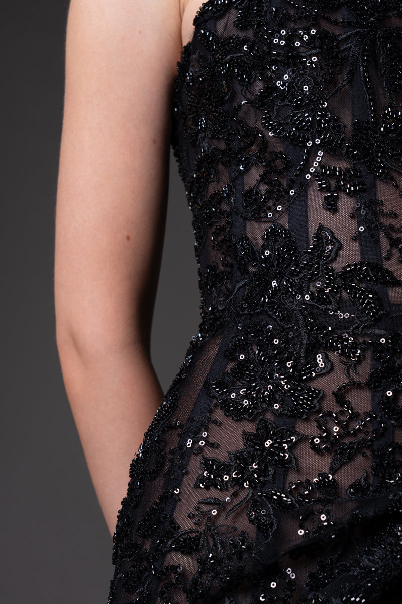 Strapless embroidered tulle gown with floral embroidery detail