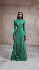 Green dress embroidered with feathers and crystals