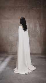 Ivory white cape dress with gold feathers