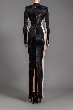 Black shimmery lurex dress with optical illusion silver side detailing