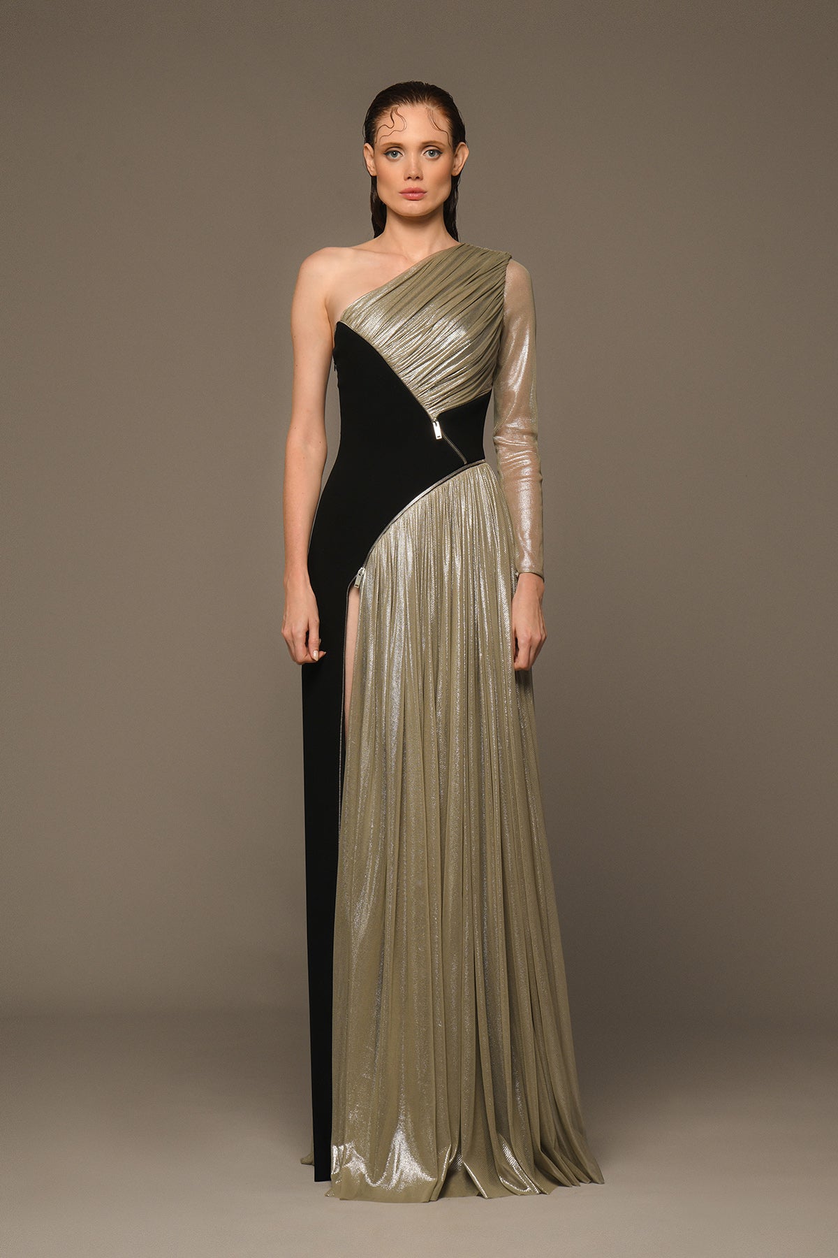 Black crpe dress with silver draping in silk foiled tulle and zippers Black crpe dress with silver draping in silk foiled tulle and zippers