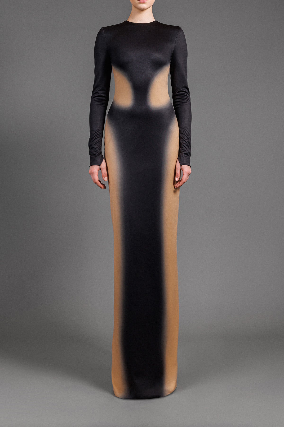 Black jersey dress with printed nude optical illusion detailing Black jersey dress with printed nude optical illusion detailing