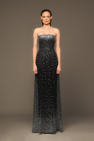 Black strapless crêpe dress fully embroidered with crystals