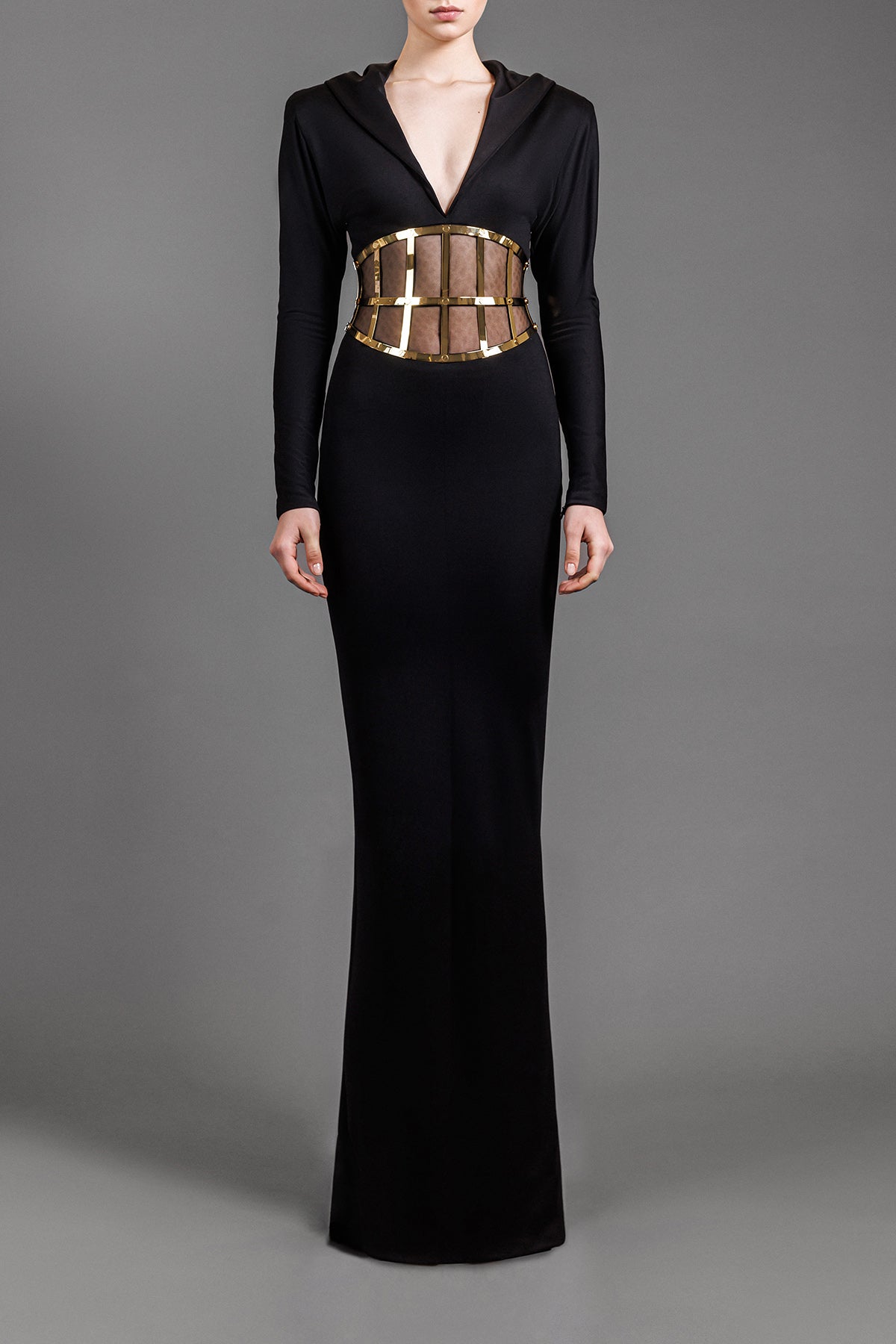 Black jersey hooded dress with a metal visible corset belt Black jersey hooded dress with a metal visible corset belt