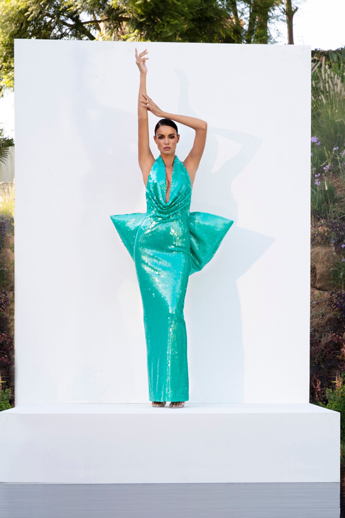 Halter necked aqua green sequined dress