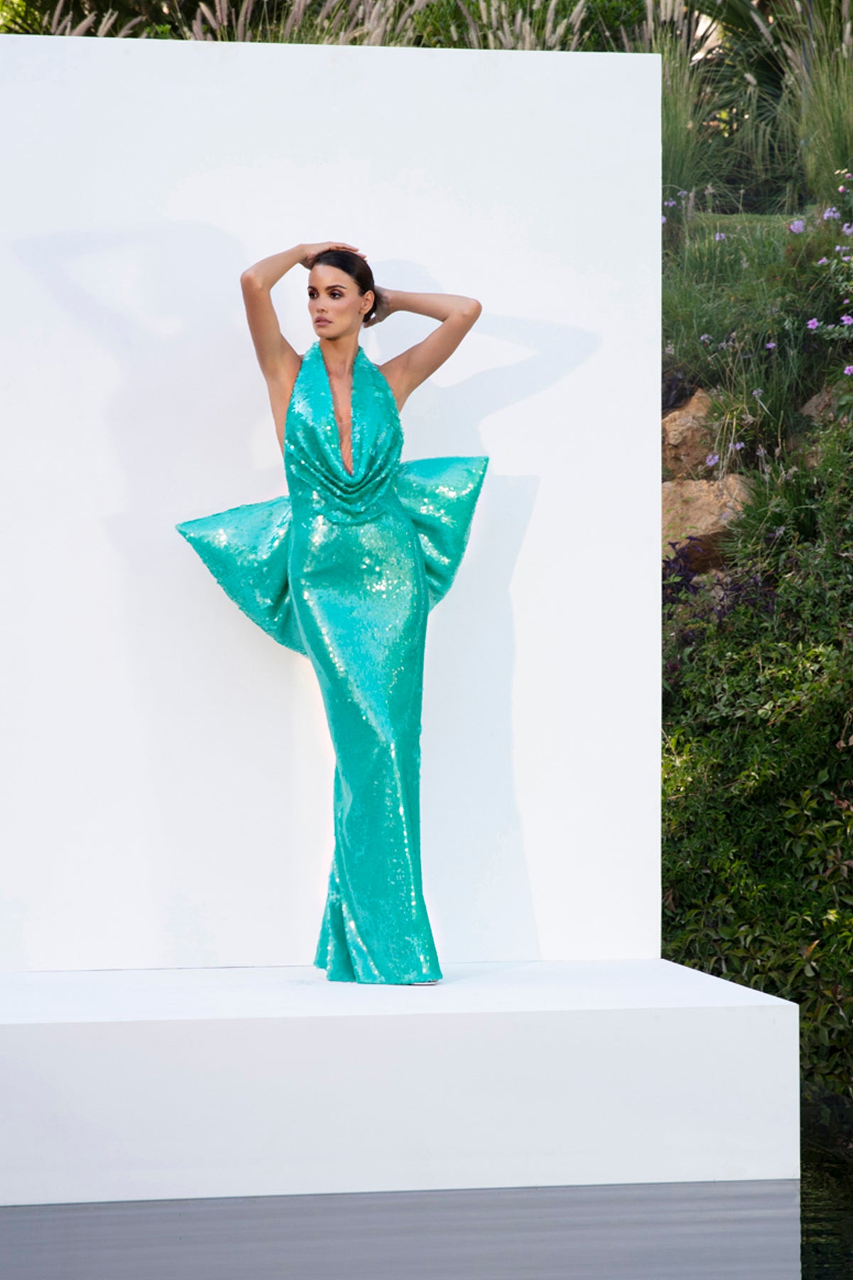 Aqua green sequined dress with bow