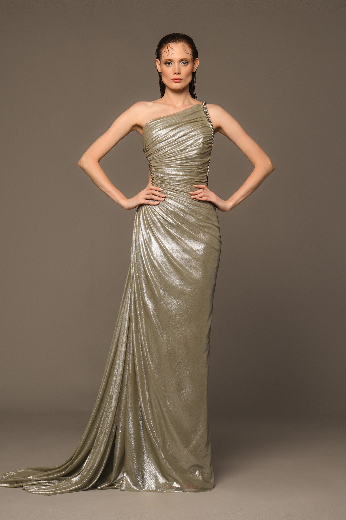 Asymmetrical draped silver dress with chains