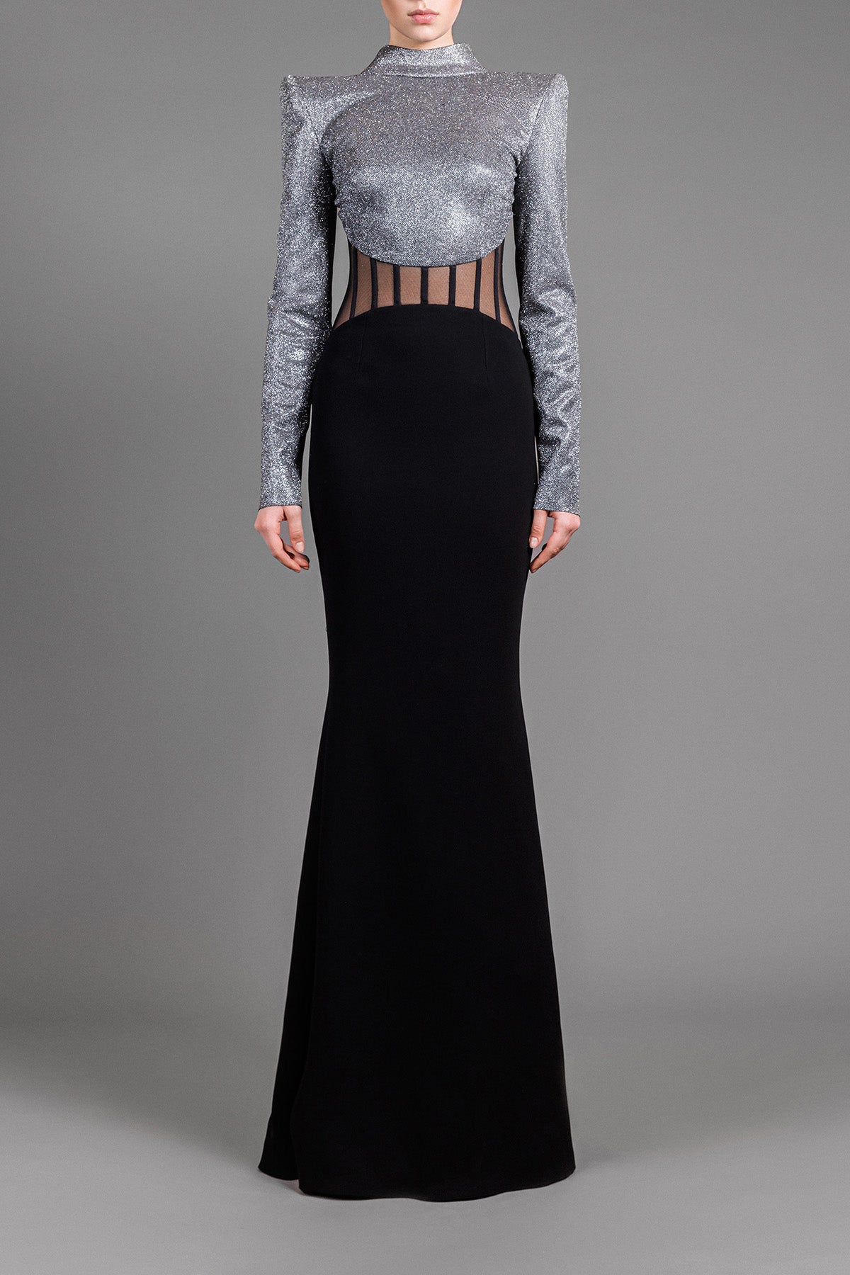 Dark silver and black dress in lurex and crpe with visible waist corset Dark silver and black dress in lurex and crpe with visible waist corset