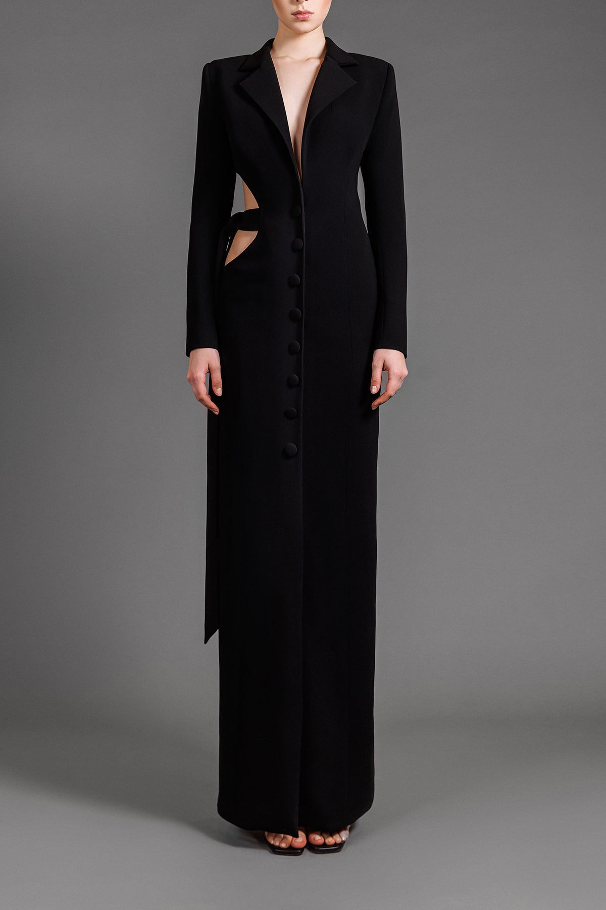 Black crpe coat dress with one side cut-out Black crpe coat dress with one side cut-out