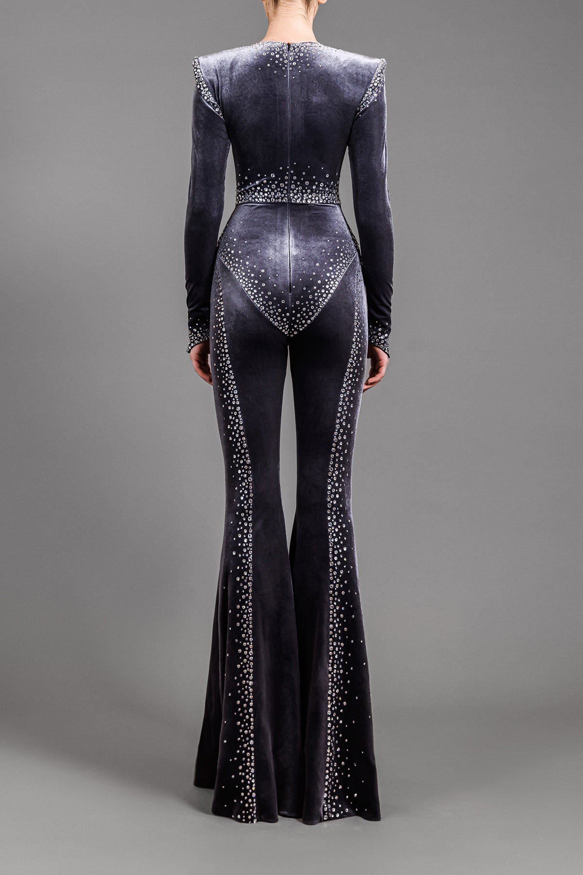 Crystal embroidery on grey velvet jumpsuit