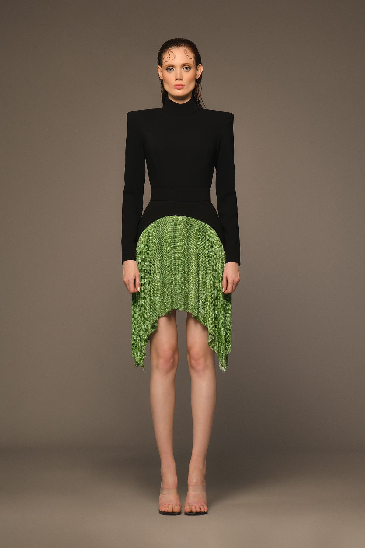 green chainmail dress Short black crêpe dress with green chainmail
