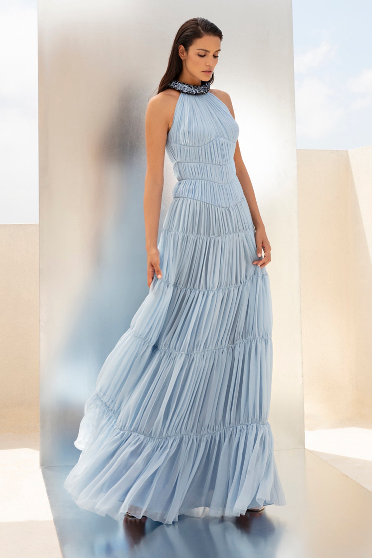 Blue chiffon tiered dress