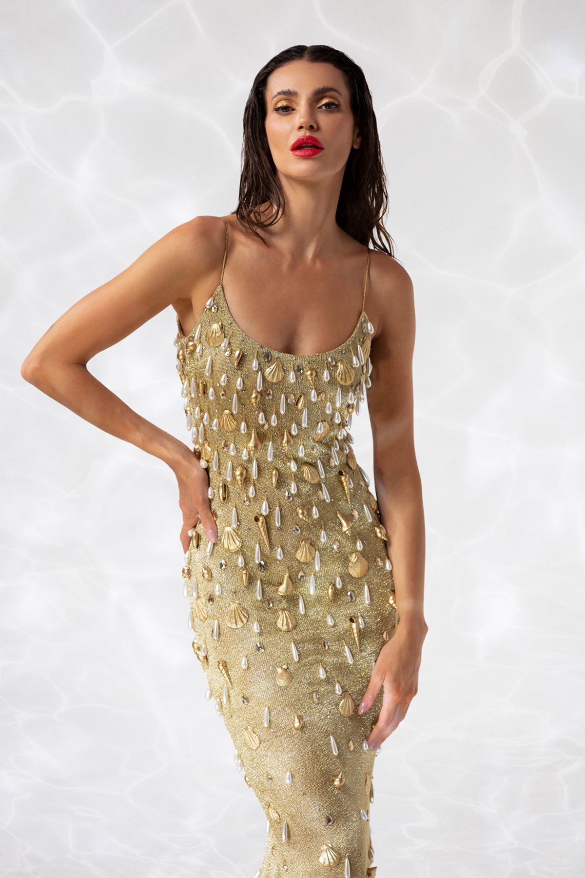 Sleeveless gold mesh mermaid dress fully embroidered with pearl drops, crystals, and hand-painted shells