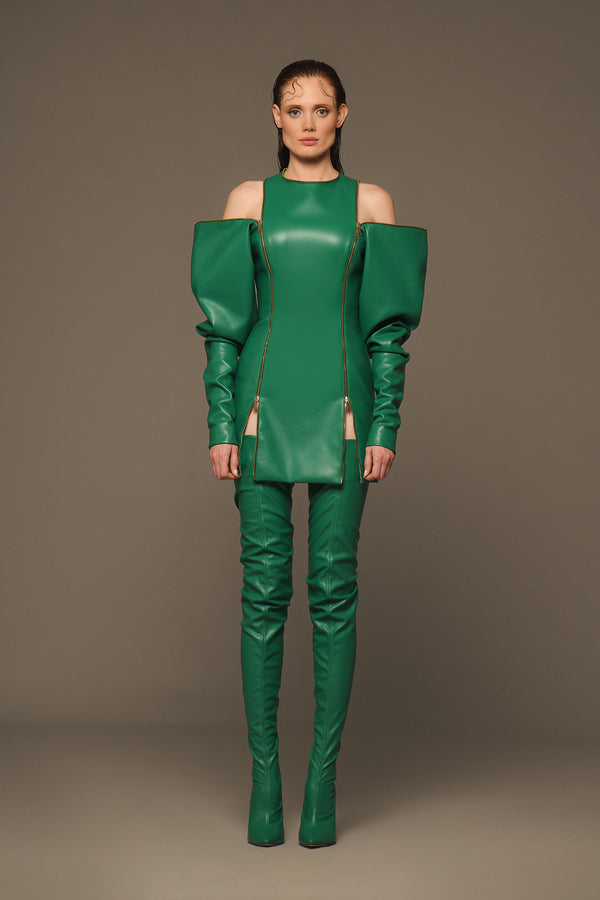 Green leather short dress with zippers