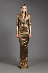 Liquid gold draped dress with loose hoodie