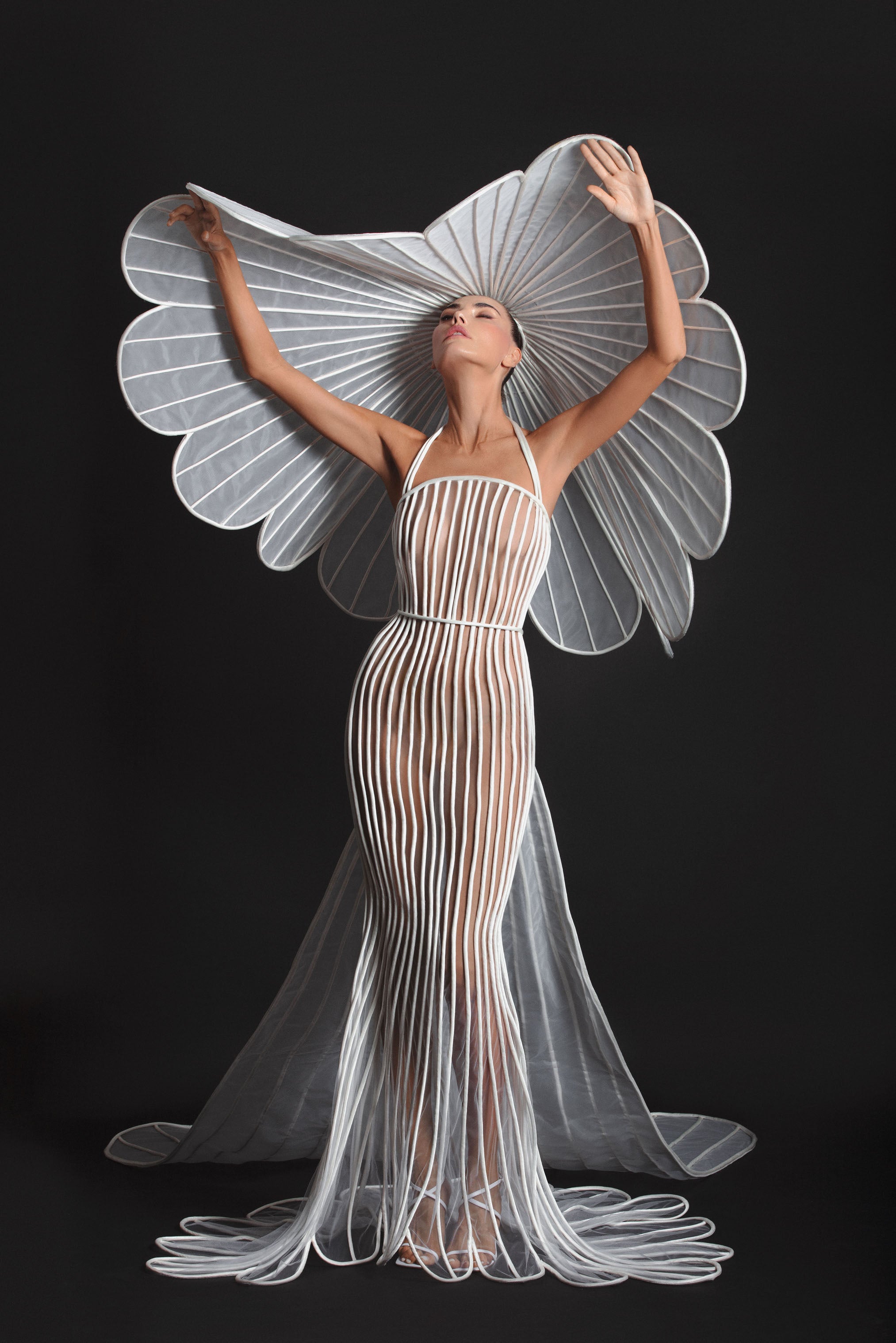 Signature sheer dress in white tulle and silk satin