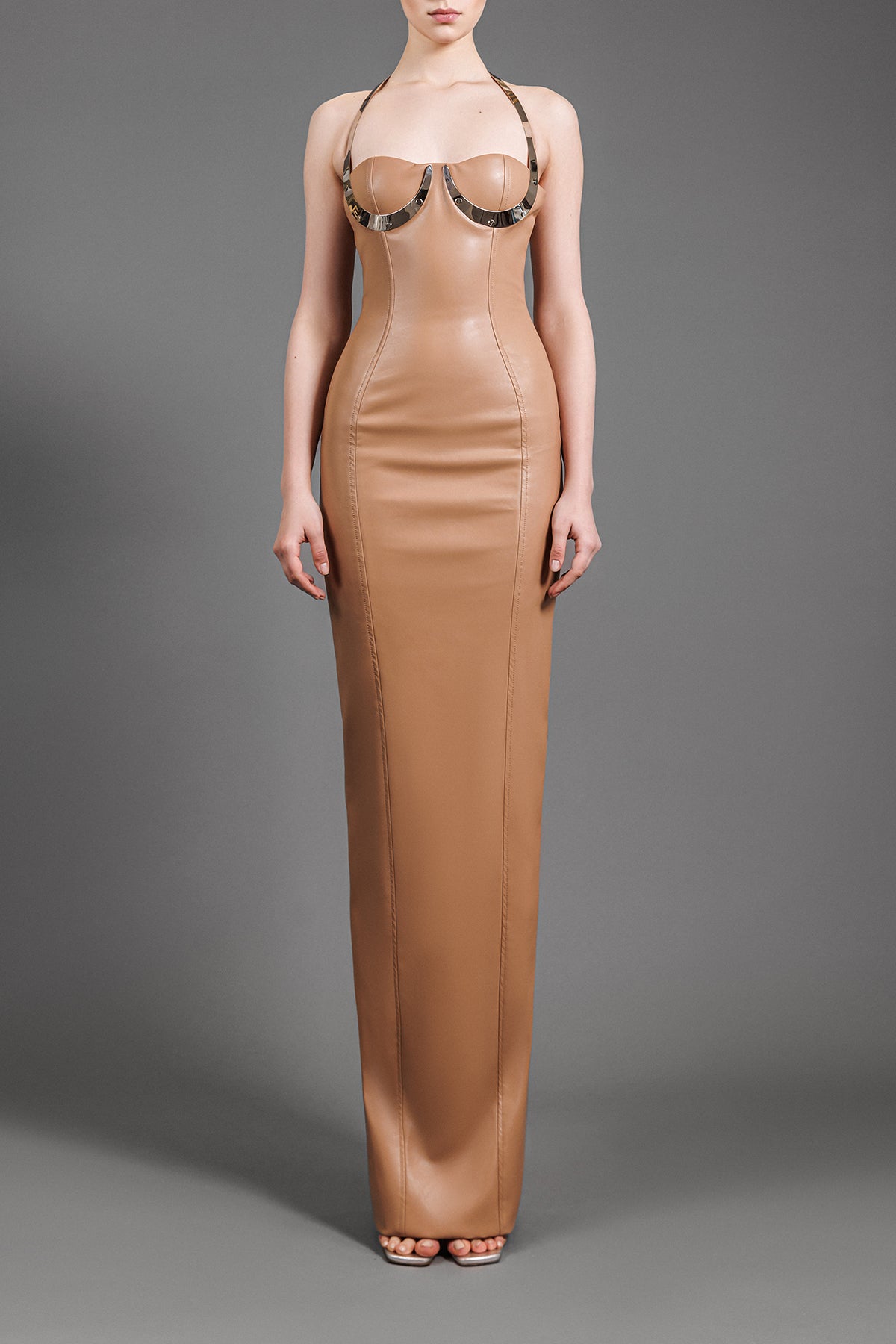 Beige leather dress with metal detailing on bust Beige leather dress with metal detailing on bust
