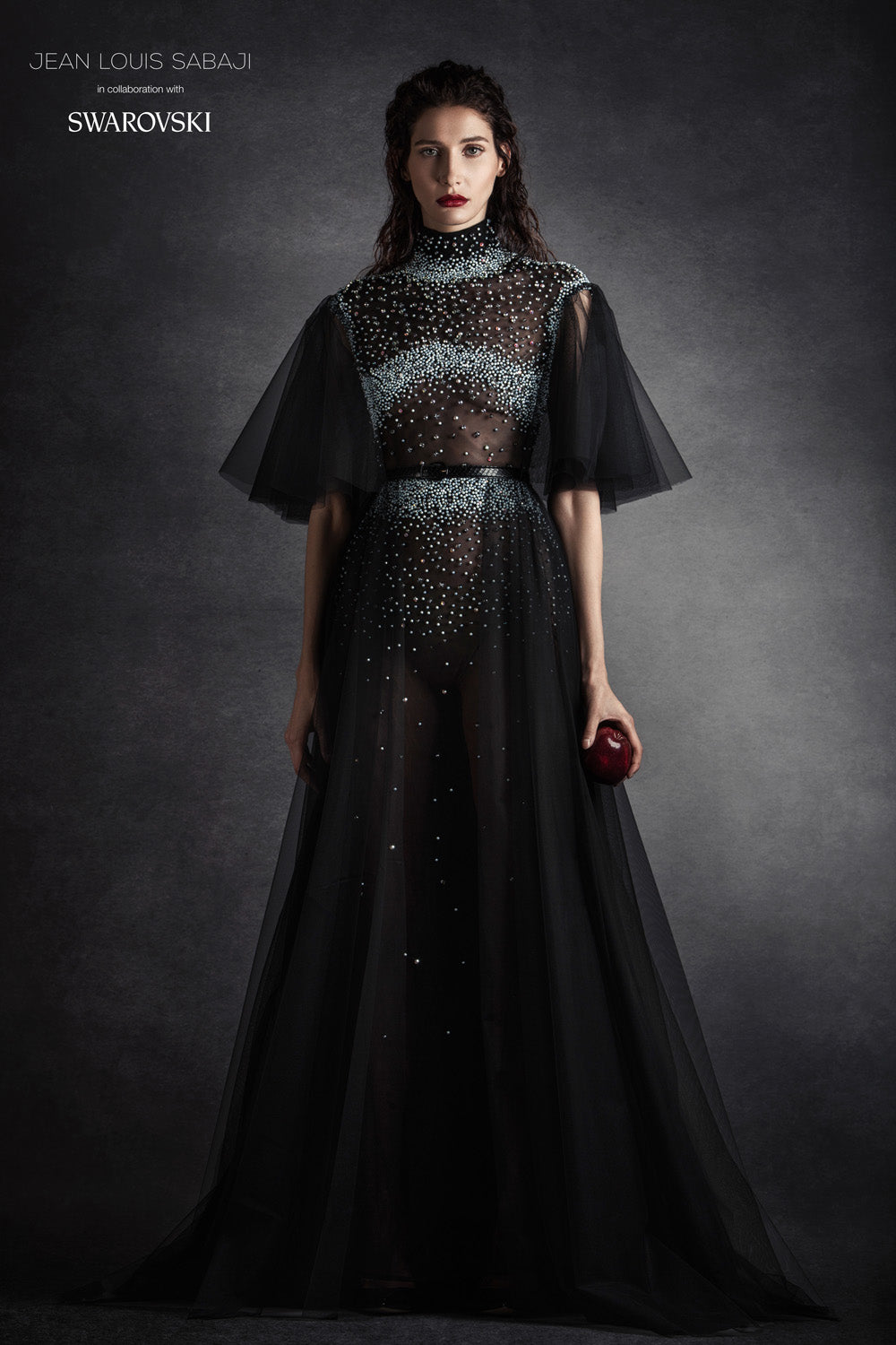 Silk black tulle sheer A-line dress embellished with Swarovski crystal Silk black tulle sheer A-line dress embellished with Swarovski crystal