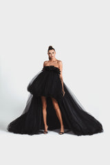 Sleeveless puffball gown in black tulle and rainbow reflective taffeta with a black velvet corset embellished with coq plumes
