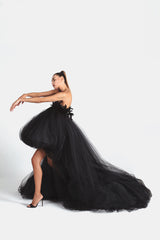 Puffball gown in black tulle and rainbow reflective taffeta with a black velvet corset