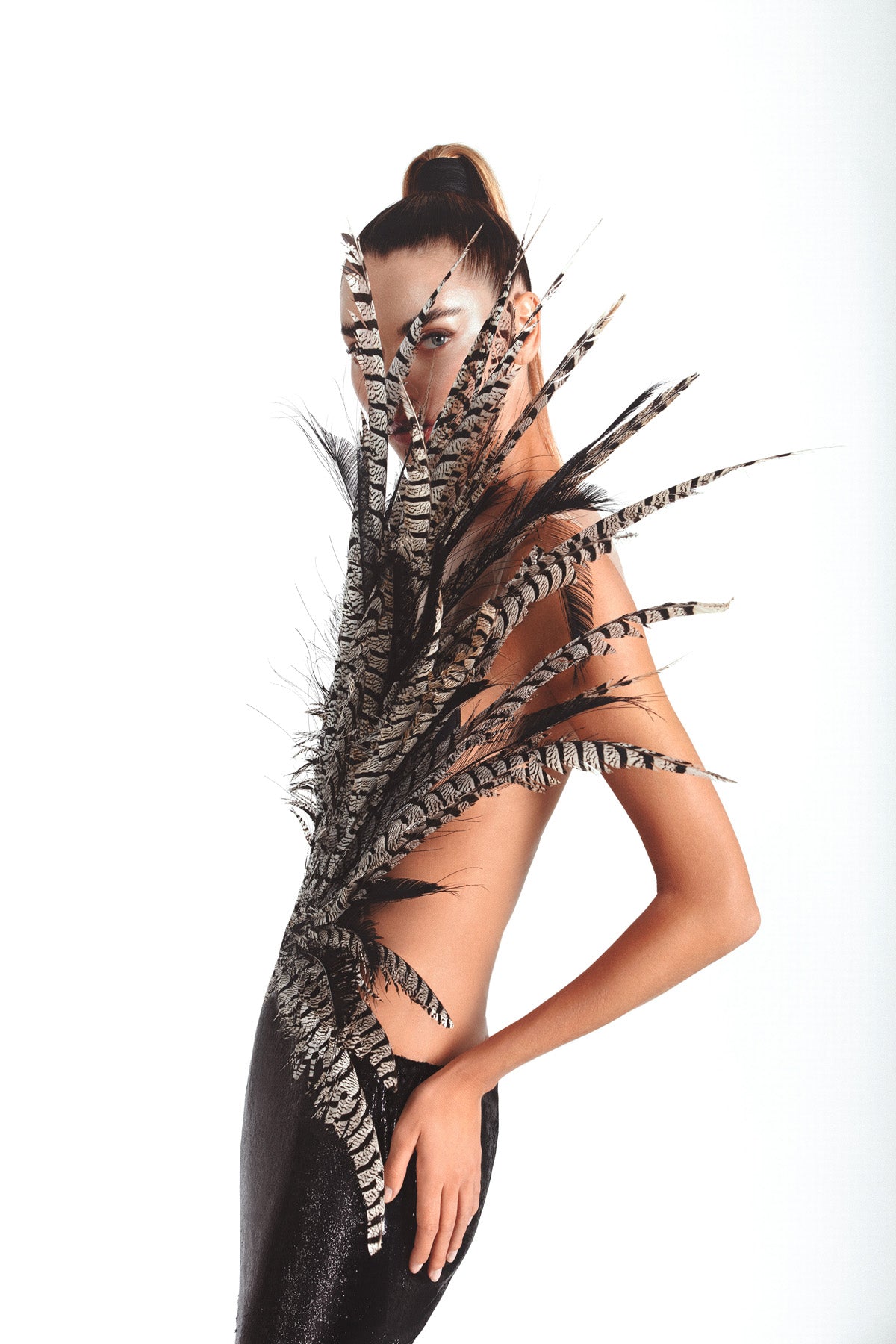 Plunging slinky black dress in liquid velvet erupting with lady Amherst plumes